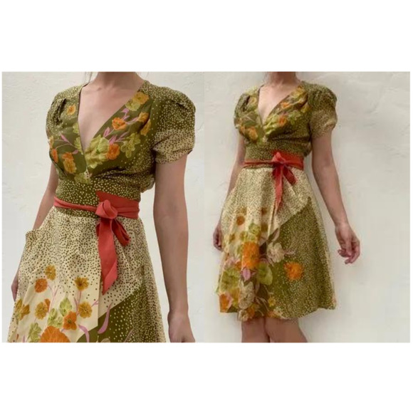 Yoana Baraschi Dresses & Skirts - Baraschi Silk Dress Pockets Tie Waist Puffed Sleeves Sz Small Fairy Feminine